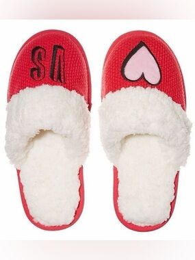 Victoria Secret Soft Red & White Fur Lined Slippers Heart & VS Logo Size M (7-8)